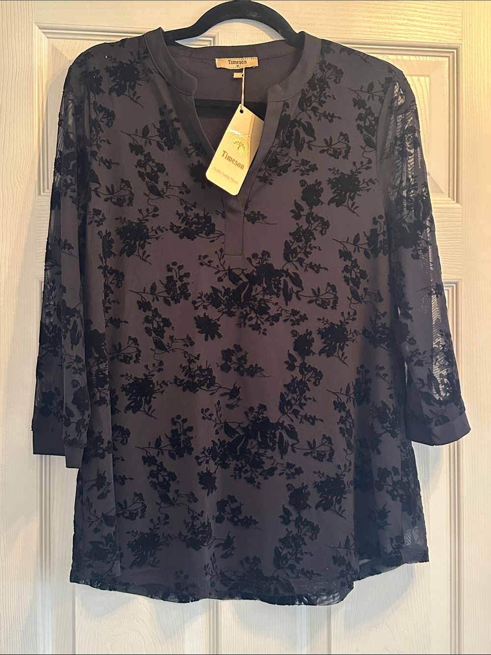 Timeson Black Floral Velvet Burnout Tunic Blouse